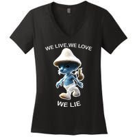 We Live We Love We Lie Funny Blue Mushroom Cat Trendy Meme Women's V-Neck T-Shirt