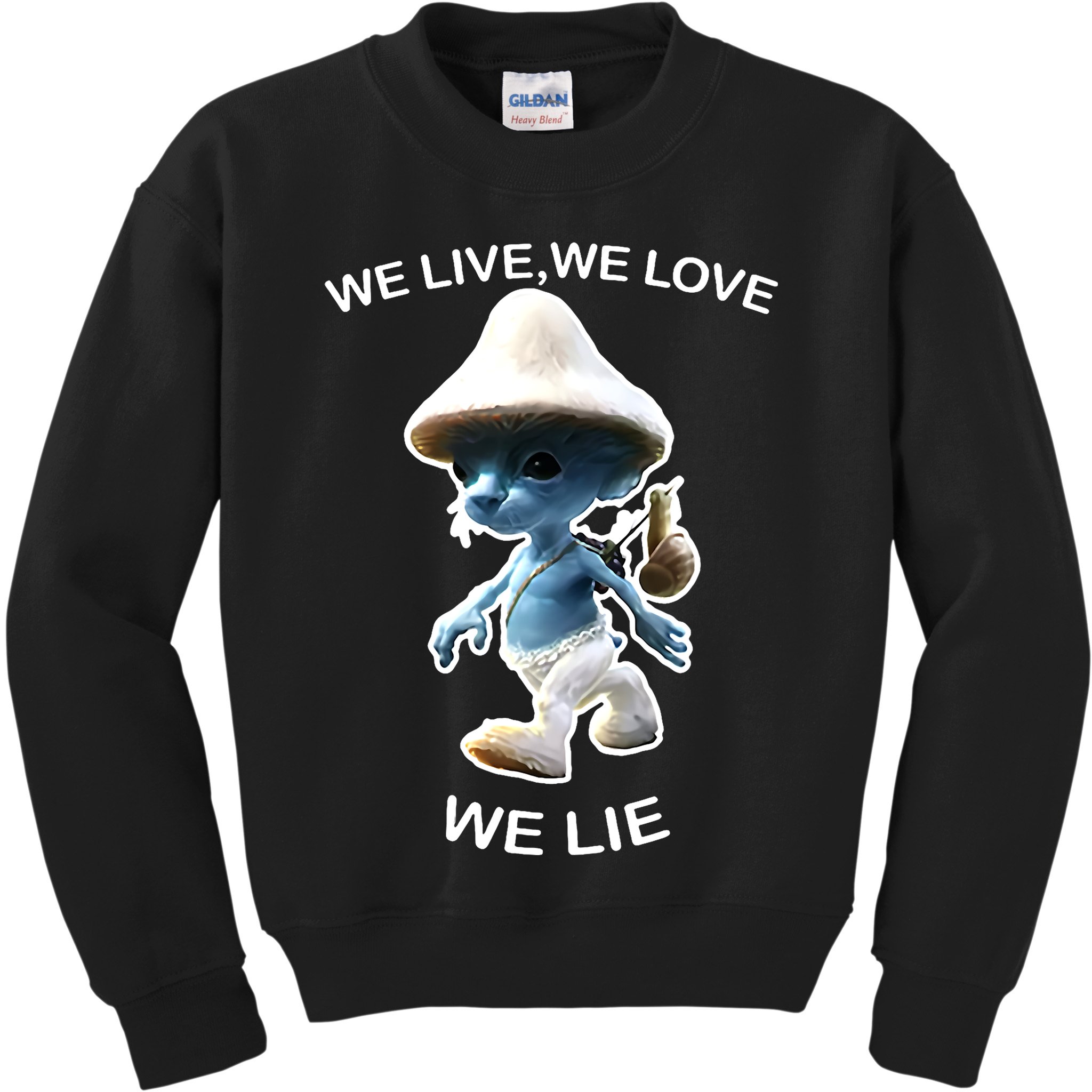 We Live We Love We Lie Funny Blue Mushroom Cat Trendy Meme Kids Sweatshirt