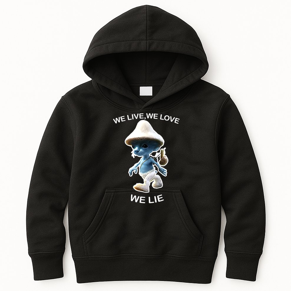We Live We Love We Lie Funny Blue Mushroom Cat Trendy Meme Kids Hoodie