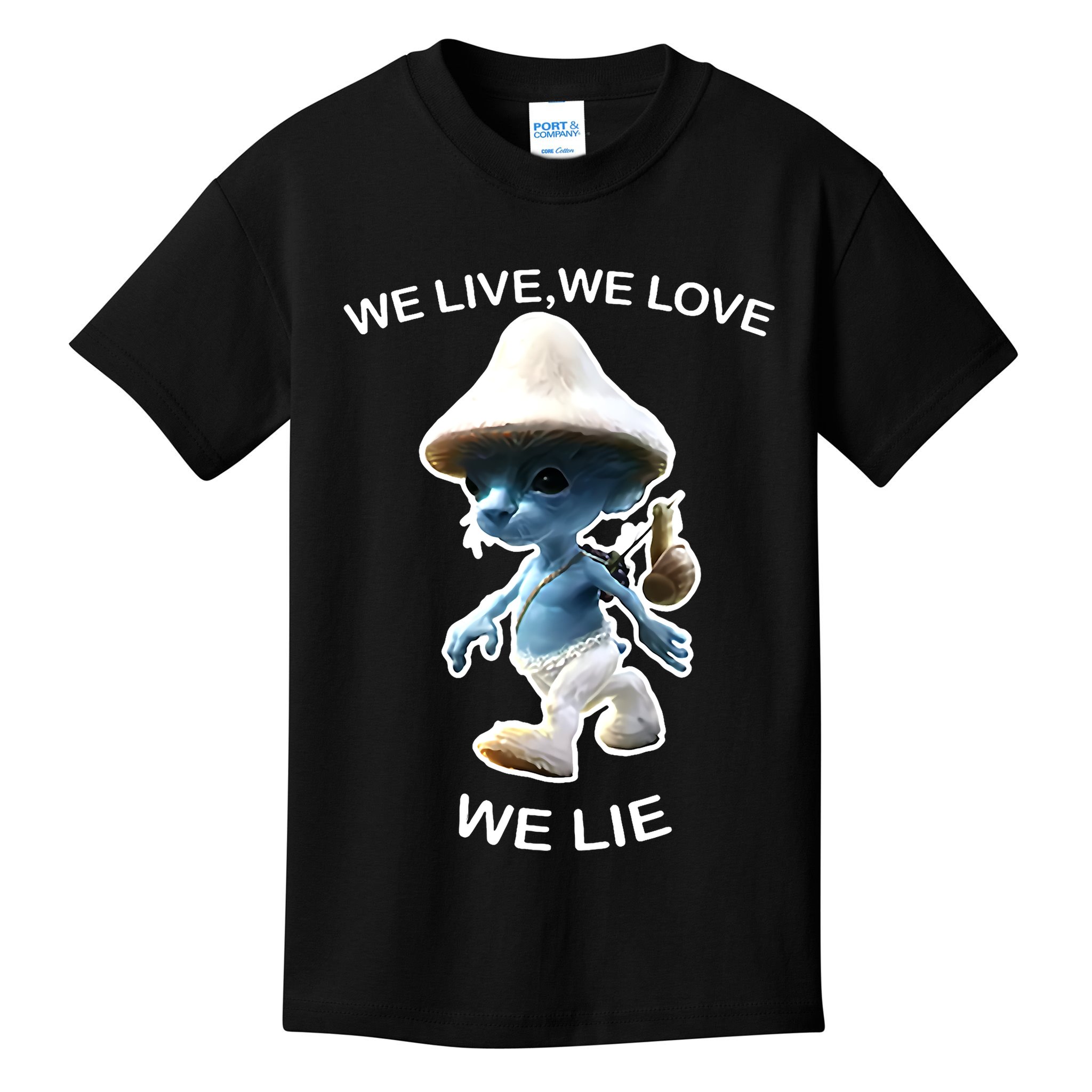We Live We Love We Lie Funny Blue Mushroom Cat Trendy Meme Kids T-Shirt