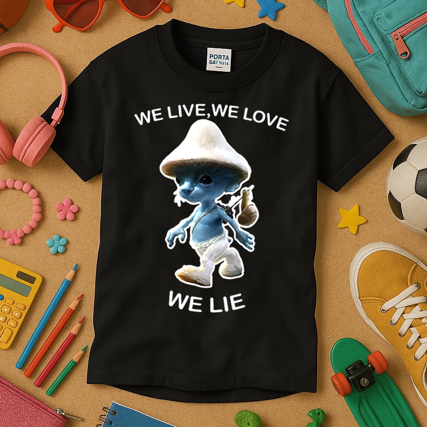 We Live We Love We Lie Funny Blue Mushroom Cat Trendy Meme Kids T-Shirt