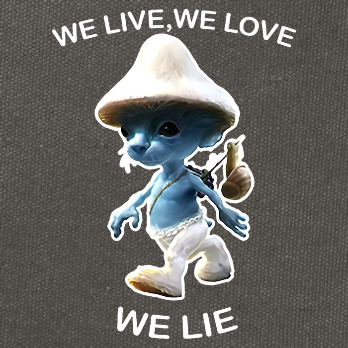 We Live We Love We Lie Funny Blue Mushroom Cat Trendy Meme Cotton Canvas Backpack