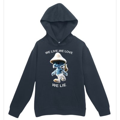 We Live We Love We Lie Funny Blue Mushroom Cat Trendy Meme Urban Pullover Hoodie