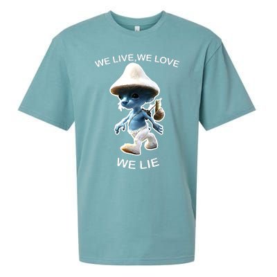 We Live We Love We Lie Funny Blue Mushroom Cat Trendy Meme Sueded Cloud Jersey T-Shirt