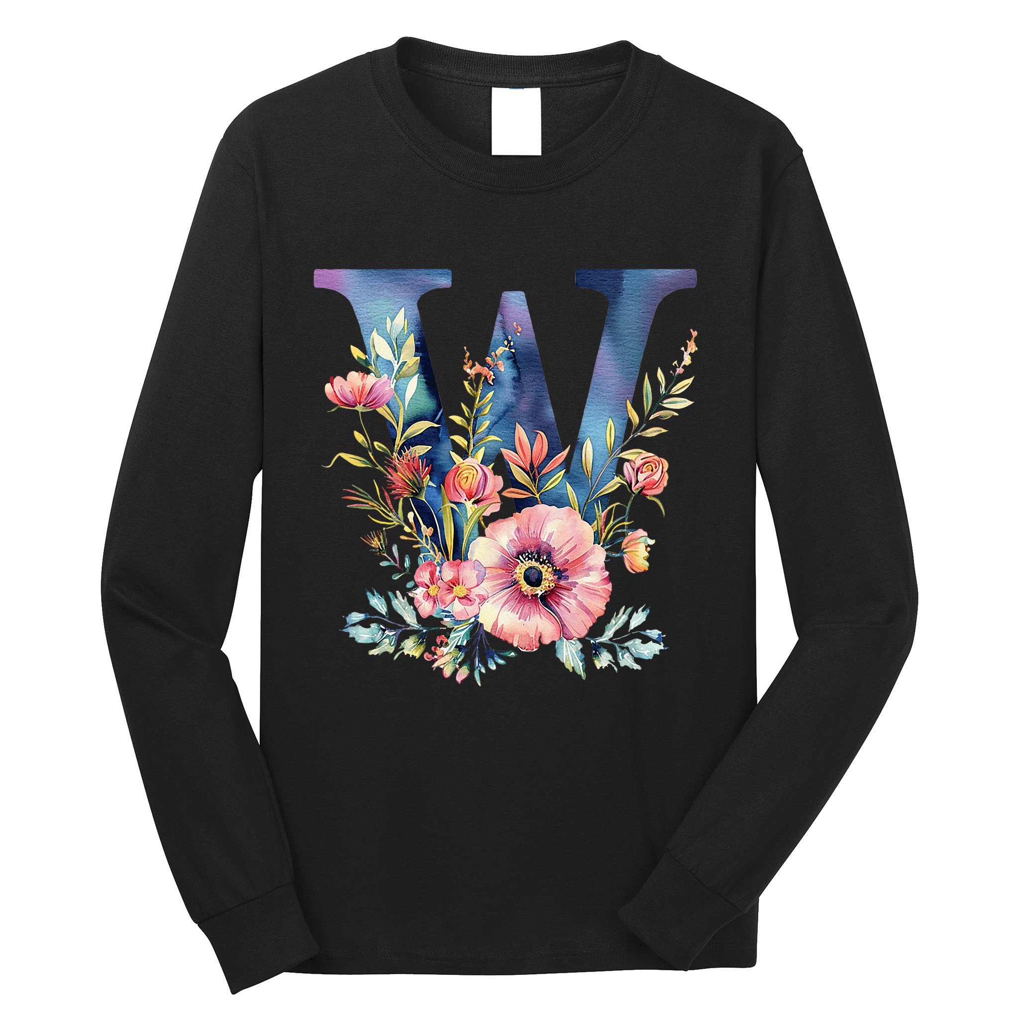 Watercolor Letter W With Floral Accents Long Sleeve Shirt