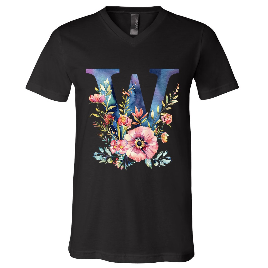 Watercolor Letter W With Floral Accents V-Neck T-Shirt