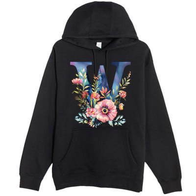 Watercolor Letter W With Floral Accents Premium Pullover Hoodie