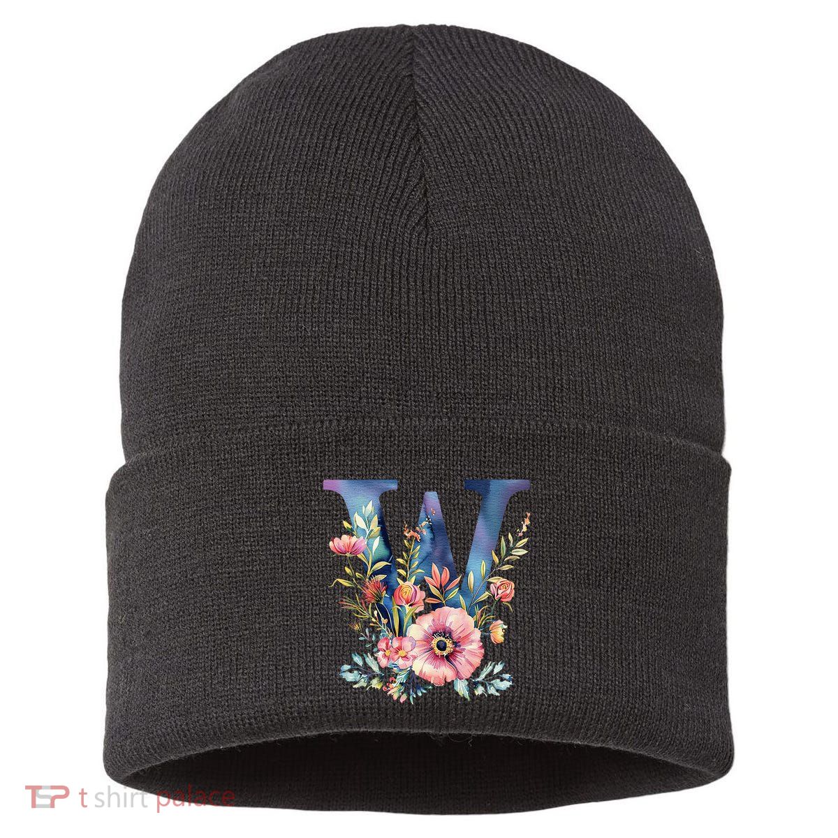 Watercolor Letter W With Floral Accents Sustainable Knit Beanie