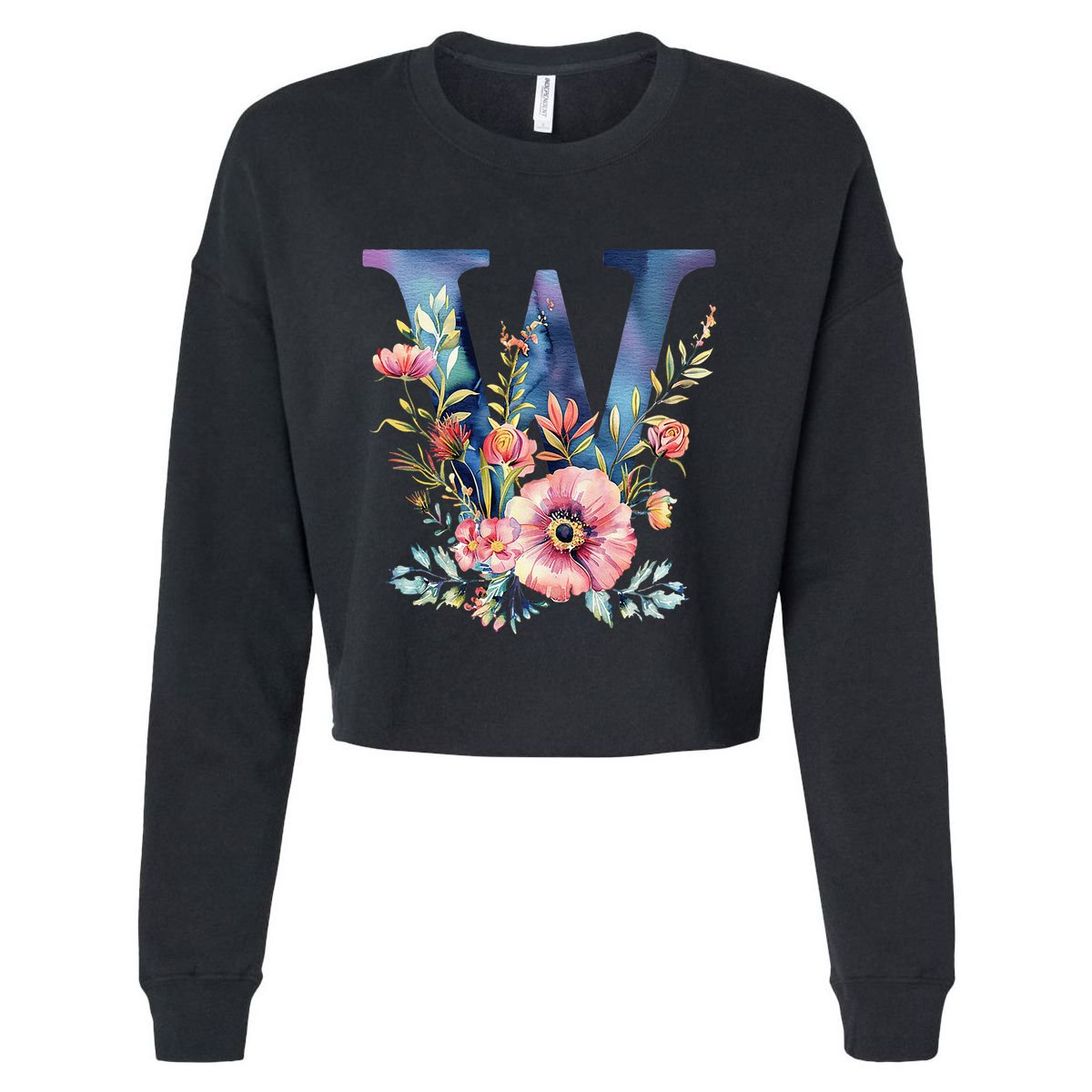 Watercolor Letter W With Floral Accents Cropped Pullover Crew
