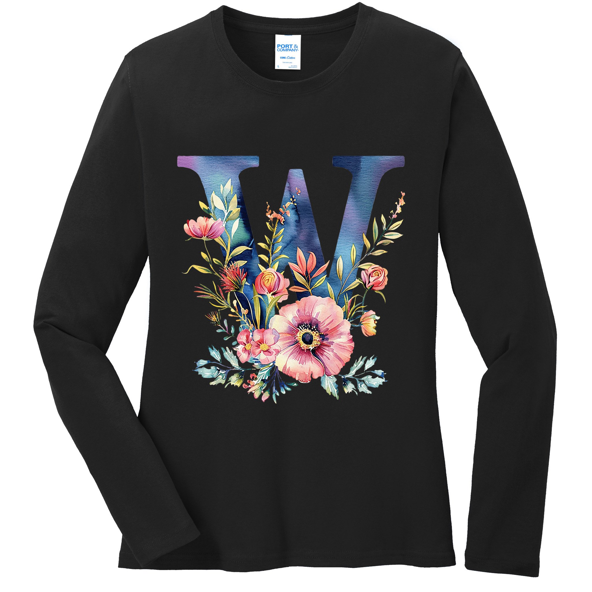 Watercolor Letter W With Floral Accents Ladies Long Sleeve Shirt