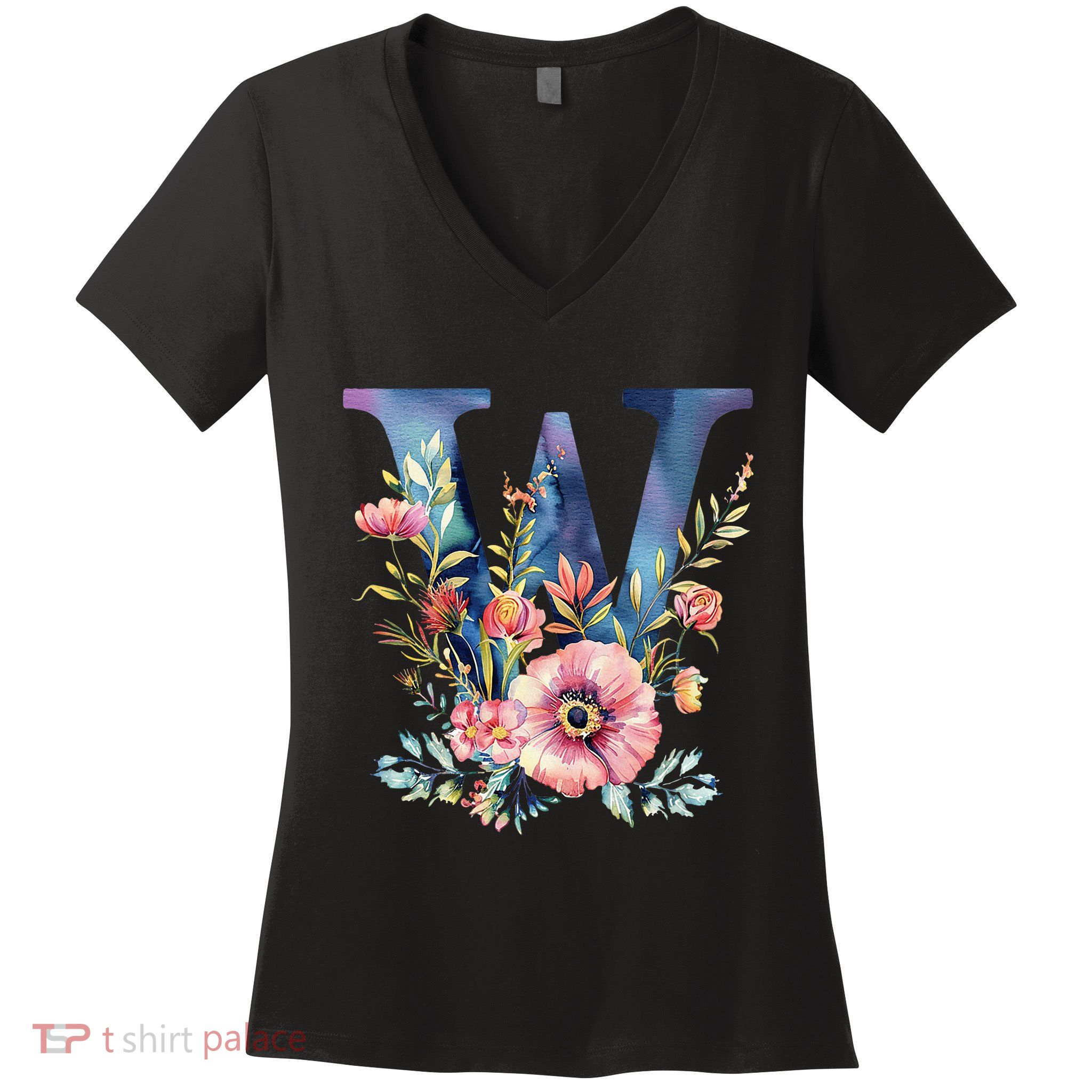Watercolor Letter W With Floral Accents Women's V-Neck T-Shirt