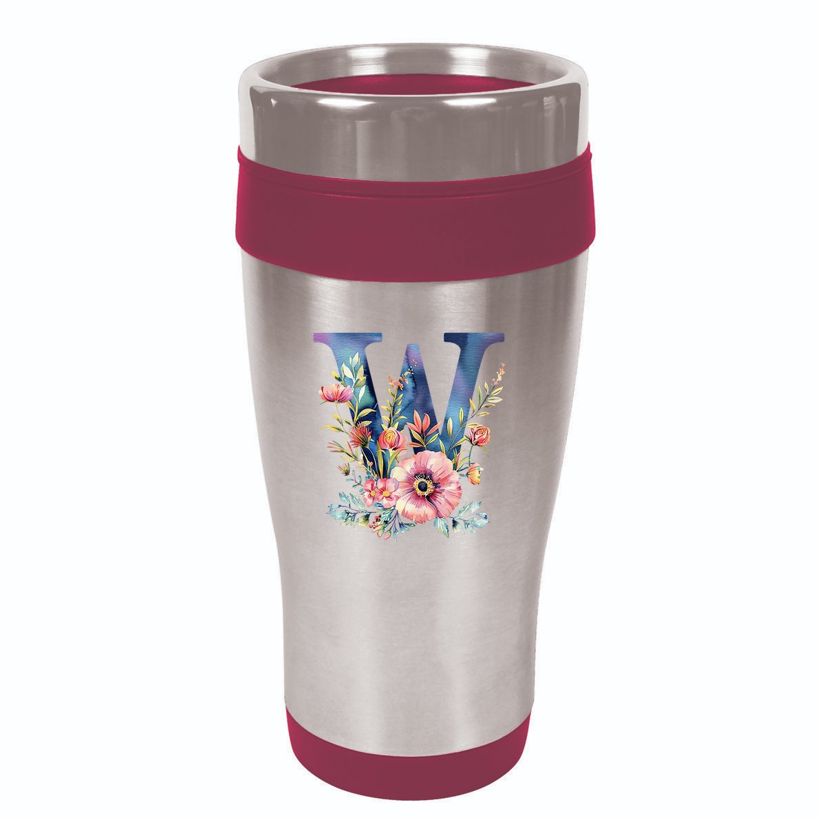 Watercolor Letter W With Floral Accents 16oz Travel Tumbler