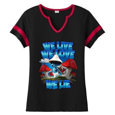 We Live We Love We Lie Funny Blue Mushroom Cat Trendy Meme Ladies Halftime Notch Neck Tee