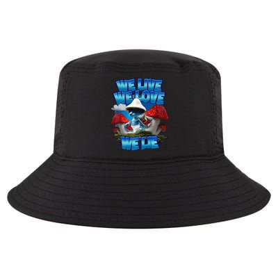 We Live We Love We Lie Funny Blue Mushroom Cat Trendy Meme Cool Comfort Performance Bucket Hat