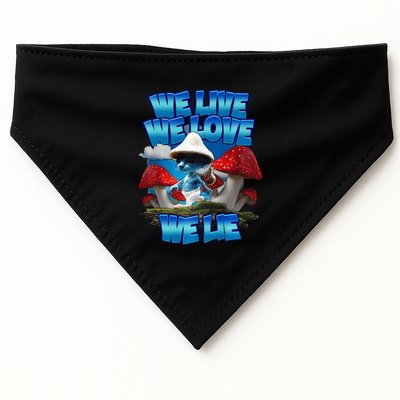 We Live We Love We Lie Funny Blue Mushroom Cat Trendy Meme USA-Made Doggie Bandana