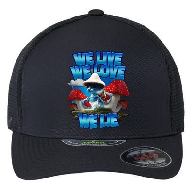 We Live We Love We Lie Funny Blue Mushroom Cat Trendy Meme Flexfit Unipanel Trucker Cap