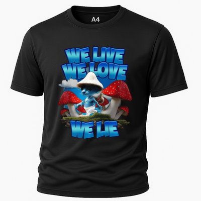 We Live We Love We Lie Funny Blue Mushroom Cat Trendy Meme Performance Shirt