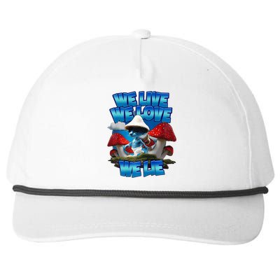 We Live We Love We Lie Funny Blue Mushroom Cat Trendy Meme Snapback Five-Panel Rope Hat