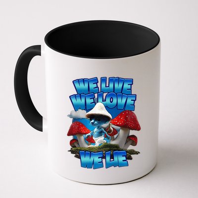 We Live We Love We Lie Funny Blue Mushroom Cat Trendy Meme Mug