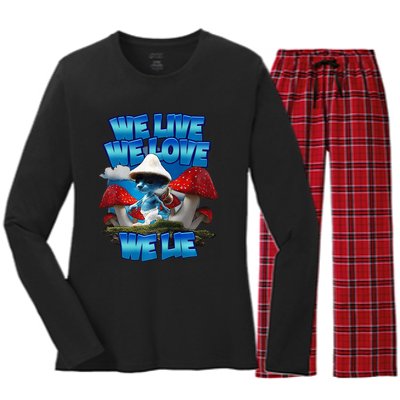 We Live We Love We Lie Funny Blue Mushroom Cat Trendy Meme Women's Long Sleeve Flannel Pajama Set 