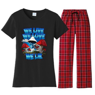 We Live We Love We Lie Funny Blue Mushroom Cat Trendy Meme Women's Flannel Pajama Set