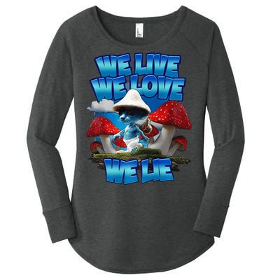 We Live We Love We Lie Funny Blue Mushroom Cat Trendy Meme Women's Perfect Tri Tunic Long Sleeve Shirt