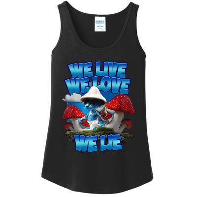 We Live We Love We Lie Funny Blue Mushroom Cat Trendy Meme Ladies Essential Tank