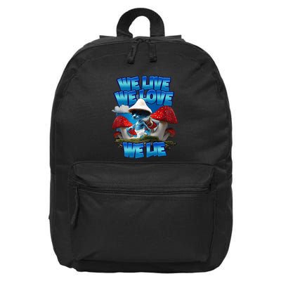 We Live We Love We Lie Funny Blue Mushroom Cat Trendy Meme 16 in Basic Backpack