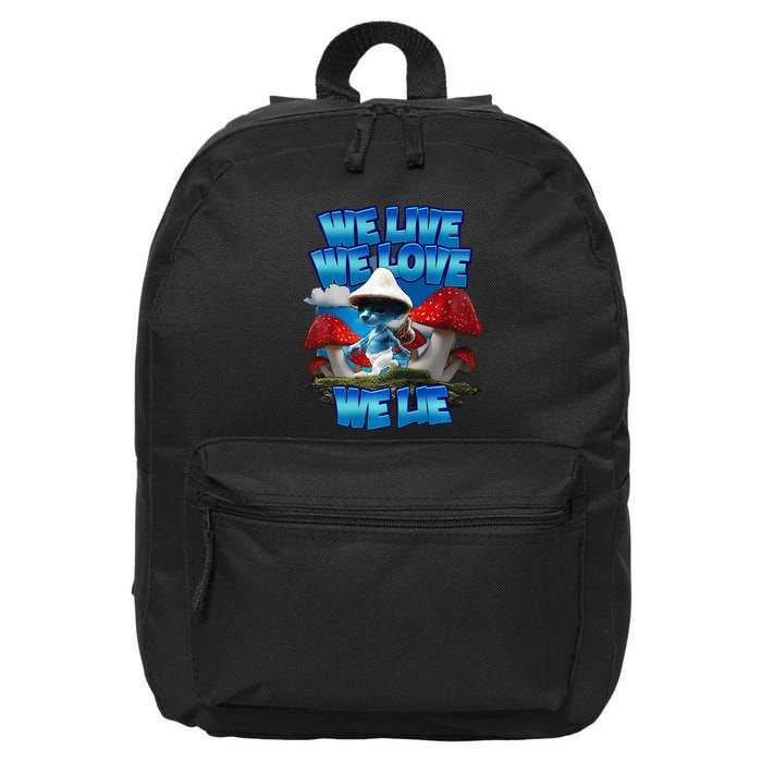 We Live We Love We Lie Funny Blue Mushroom Cat Trendy Meme 16 in Basic Backpack