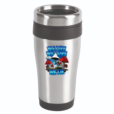 We Live We Love We Lie Funny Blue Mushroom Cat Trendy Meme 16oz Travel Tumbler