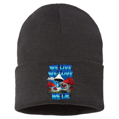 We Live We Love We Lie Funny Blue Mushroom Cat Trendy Meme Sustainable Knit Beanie