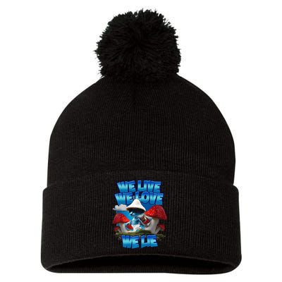 We Live We Love We Lie Funny Blue Mushroom Cat Trendy Meme Pom Pom 12in Knit Beanie