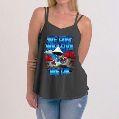 We Live We Love We Lie Funny Blue Mushroom Cat Trendy Meme Women's Strappy Tank