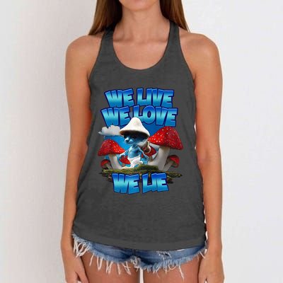 We Live We Love We Lie Funny Blue Mushroom Cat Trendy Meme Women's Knotted Racerback Tank