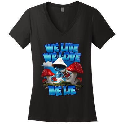 We Live We Love We Lie Funny Blue Mushroom Cat Trendy Meme Women's V-Neck T-Shirt