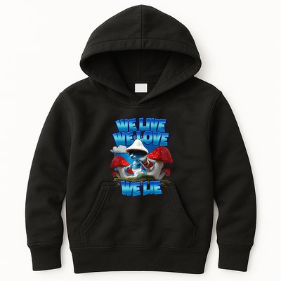 We Live We Love We Lie Funny Blue Mushroom Cat Trendy Meme Kids Hoodie