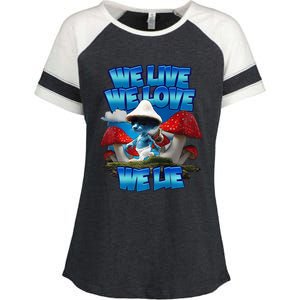 We Live We Love We Lie Funny Blue Mushroom Cat Trendy Meme Enza Ladies Jersey Colorblock Tee