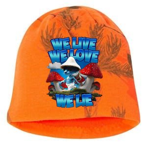 We Live We Love We Lie Funny Blue Mushroom Cat Trendy Meme Kati - Camo Knit Beanie