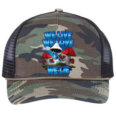 We Live We Love We Lie Funny Blue Mushroom Cat Trendy Meme Retro Rope Trucker Hat Cap