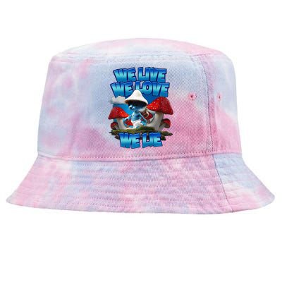 We Live We Love We Lie Funny Blue Mushroom Cat Trendy Meme Tie-Dyed Bucket Hat