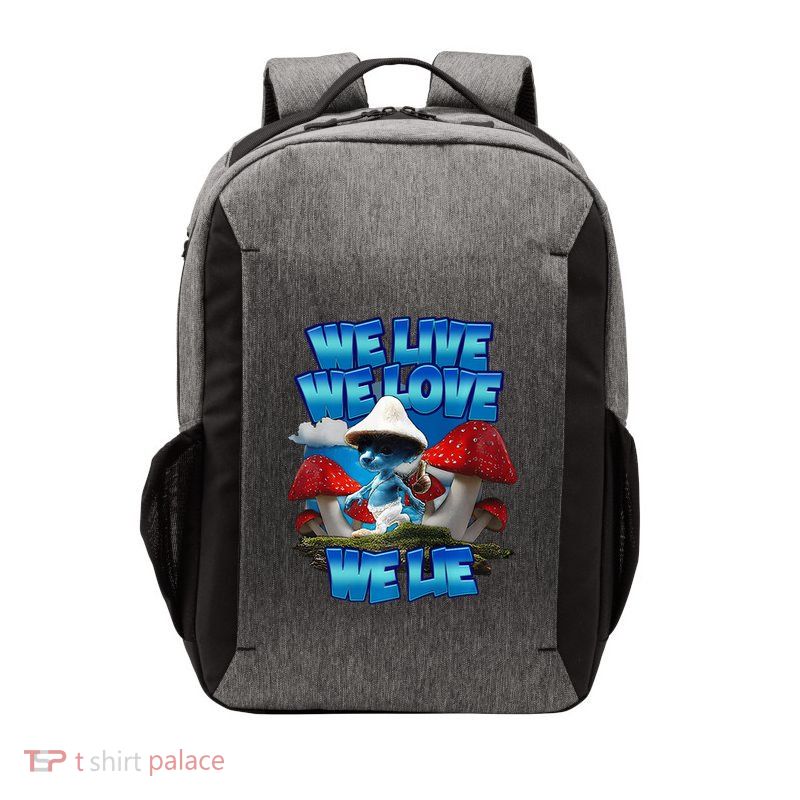 We Live We Love We Lie Funny Blue Mushroom Cat Trendy Meme Vector Backpack