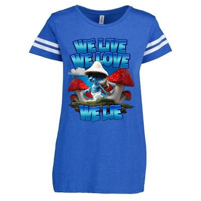 We Live We Love We Lie Funny Blue Mushroom Cat Trendy Meme Enza Ladies Jersey Football T-Shirt