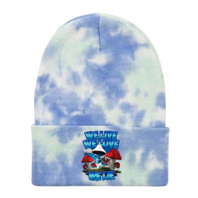 We Live We Love We Lie Funny Blue Mushroom Cat Trendy Meme Tie Dye 12in Knit Beanie