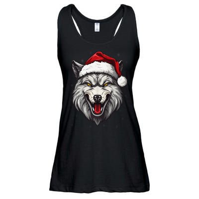 Wolf Lover Xmas Holiday Santa Wolf Christmas Ladies Essential Flowy Tank