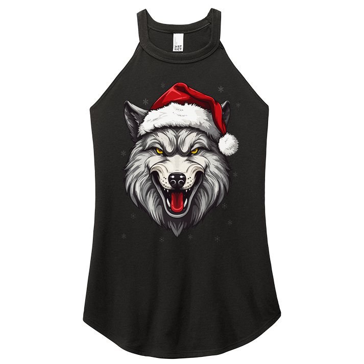 Wolf Lover Xmas Holiday Santa Wolf Christmas Women's Perfect Tri Rocker Tank