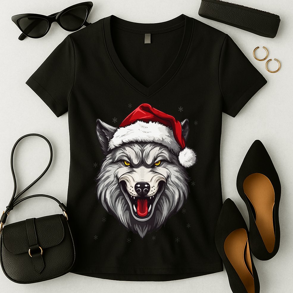 Wolf Lover Xmas Holiday Santa Wolf Christmas Women's V-Neck T-Shirt