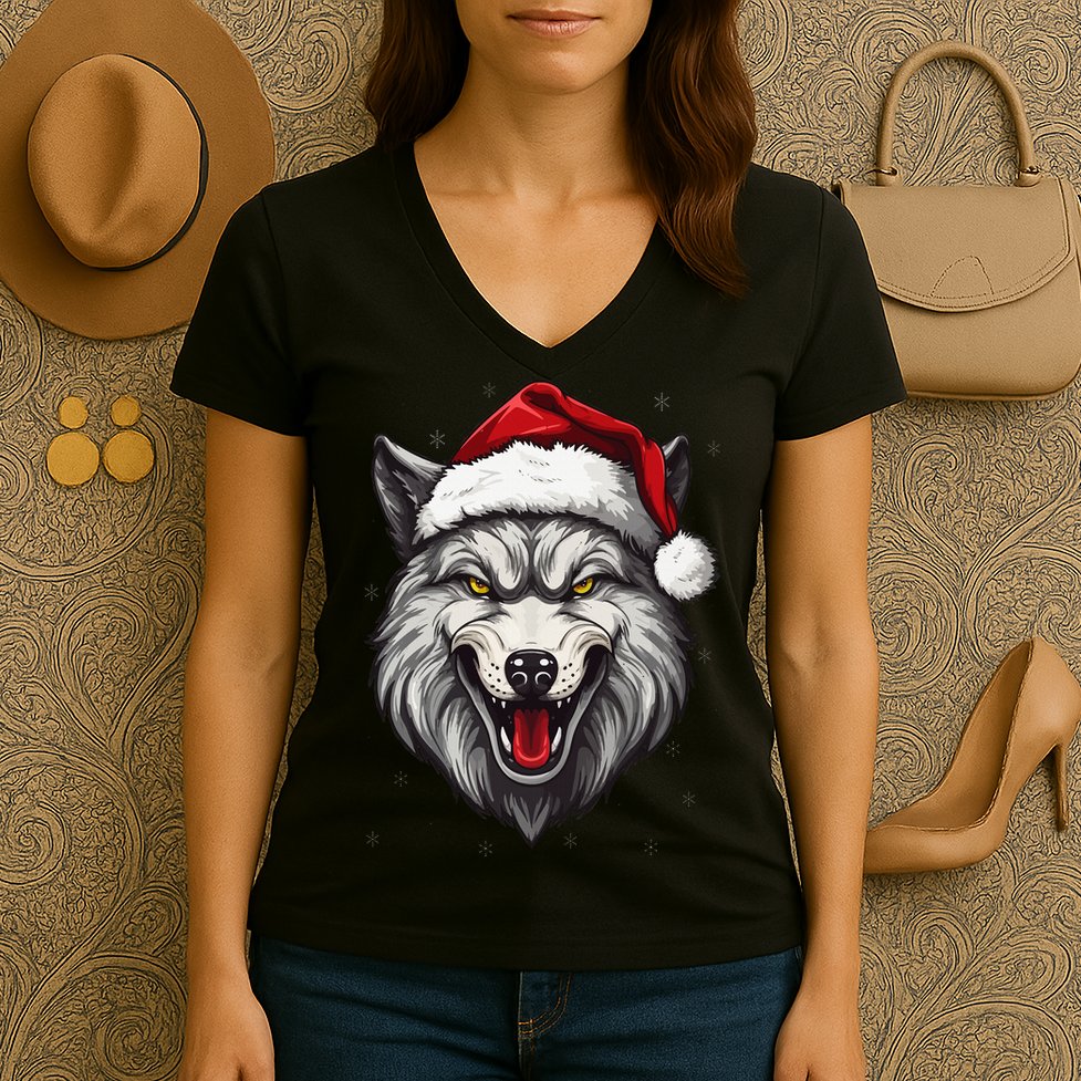 Wolf Lover Xmas Holiday Santa Wolf Christmas Women's V-Neck T-Shirt