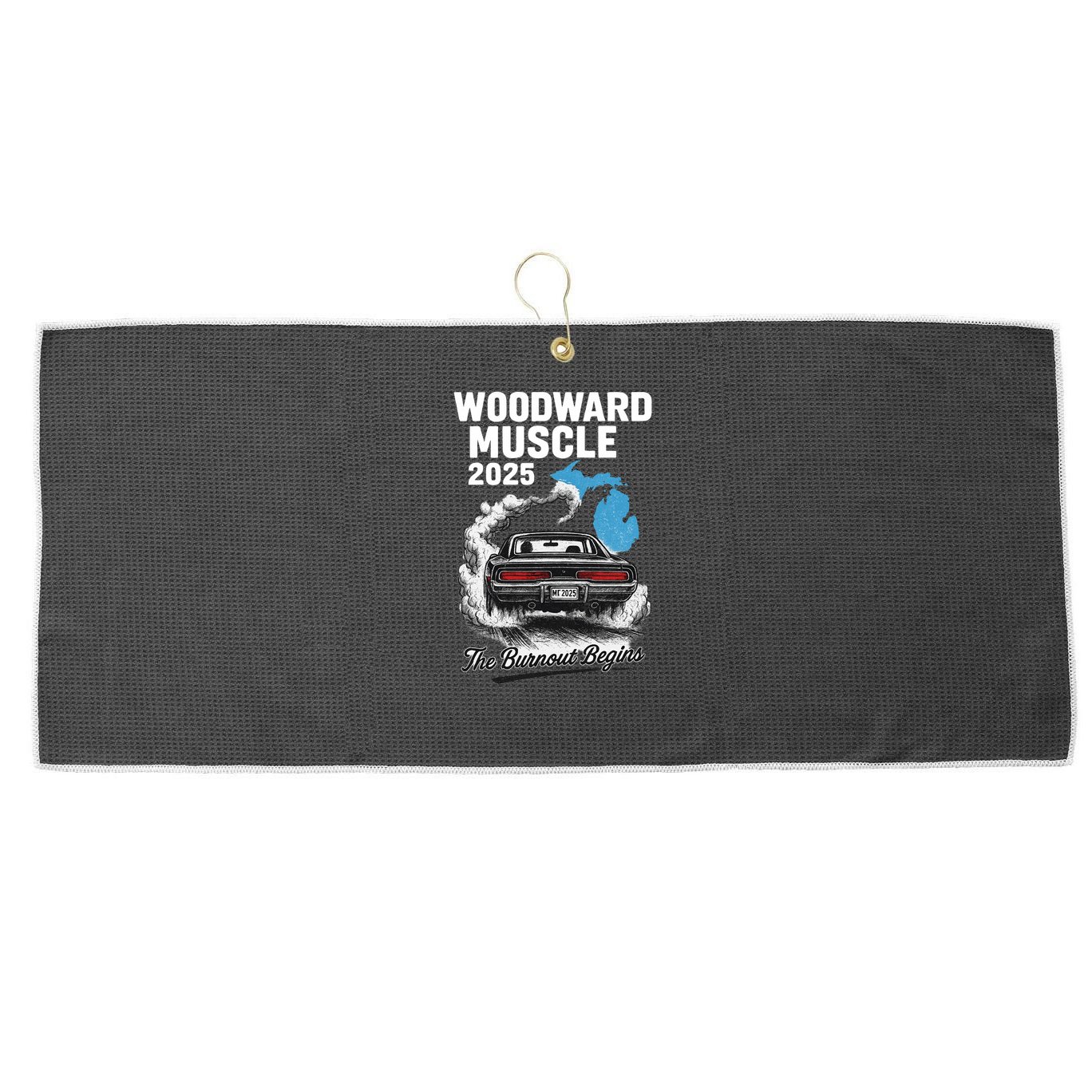 Woodward Muscle 2025 The Burnout Begins Large Microfiber Waffle Golf Towel