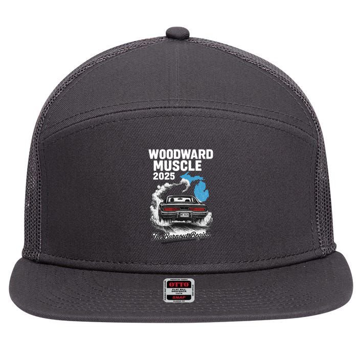 Woodward Muscle 2025 The Burnout Begins 7 Panel Mesh Trucker Snapback Hat