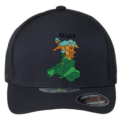 Welsh Map And Castle Heritage Pride Gift Flexfit Unipanel Trucker Cap